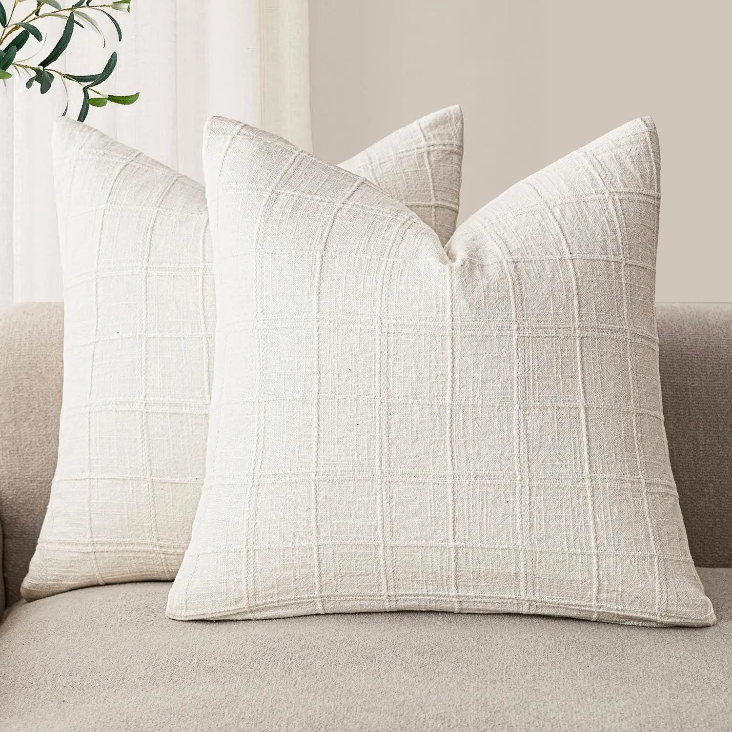 🌿🤍 Natural Linen Check Pillow Cover – Boho Farmhouse Decorative Cushion