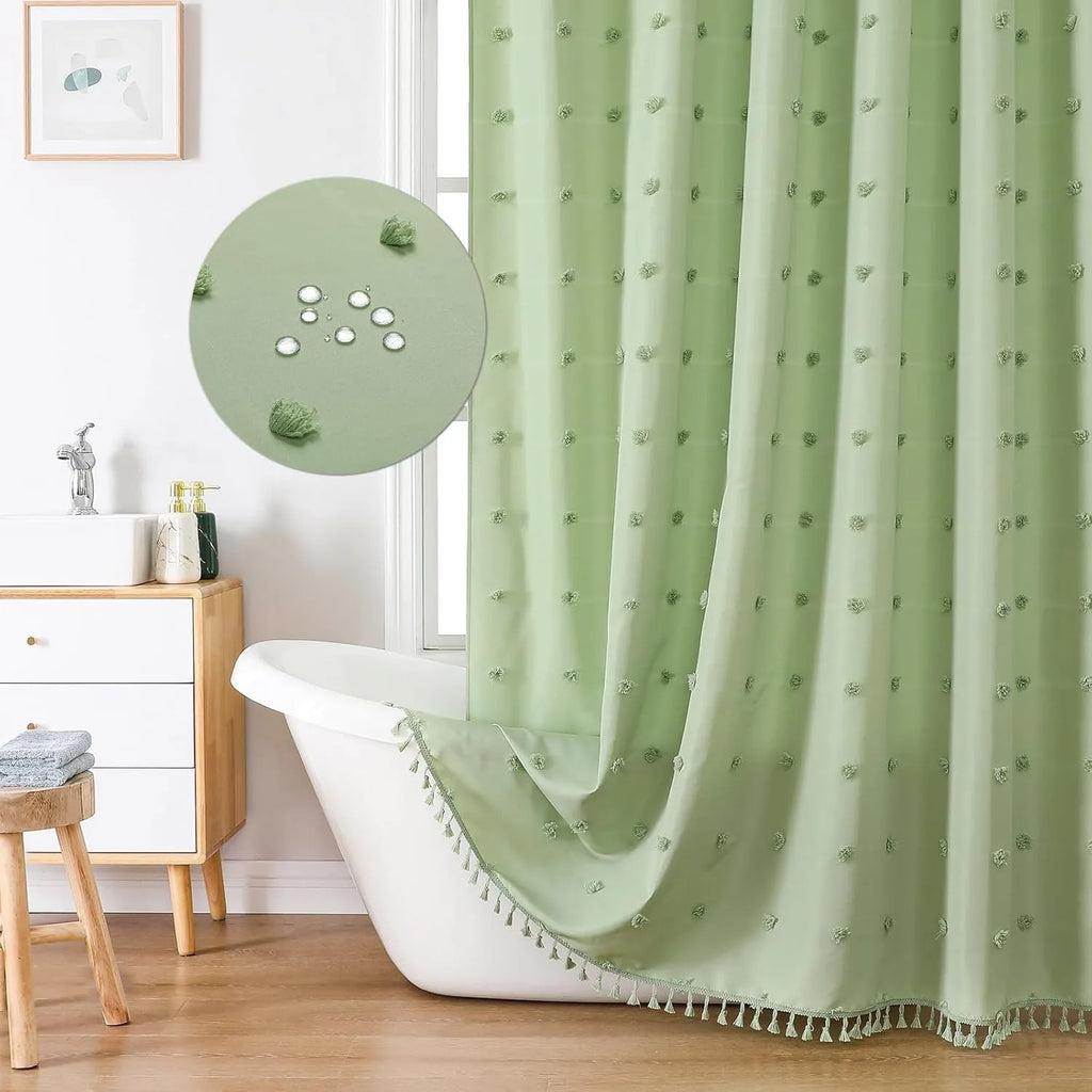 🚿🤍 Boho Polka Dot Shower Curtain – Modern Farmhouse Bathroom Décor Set