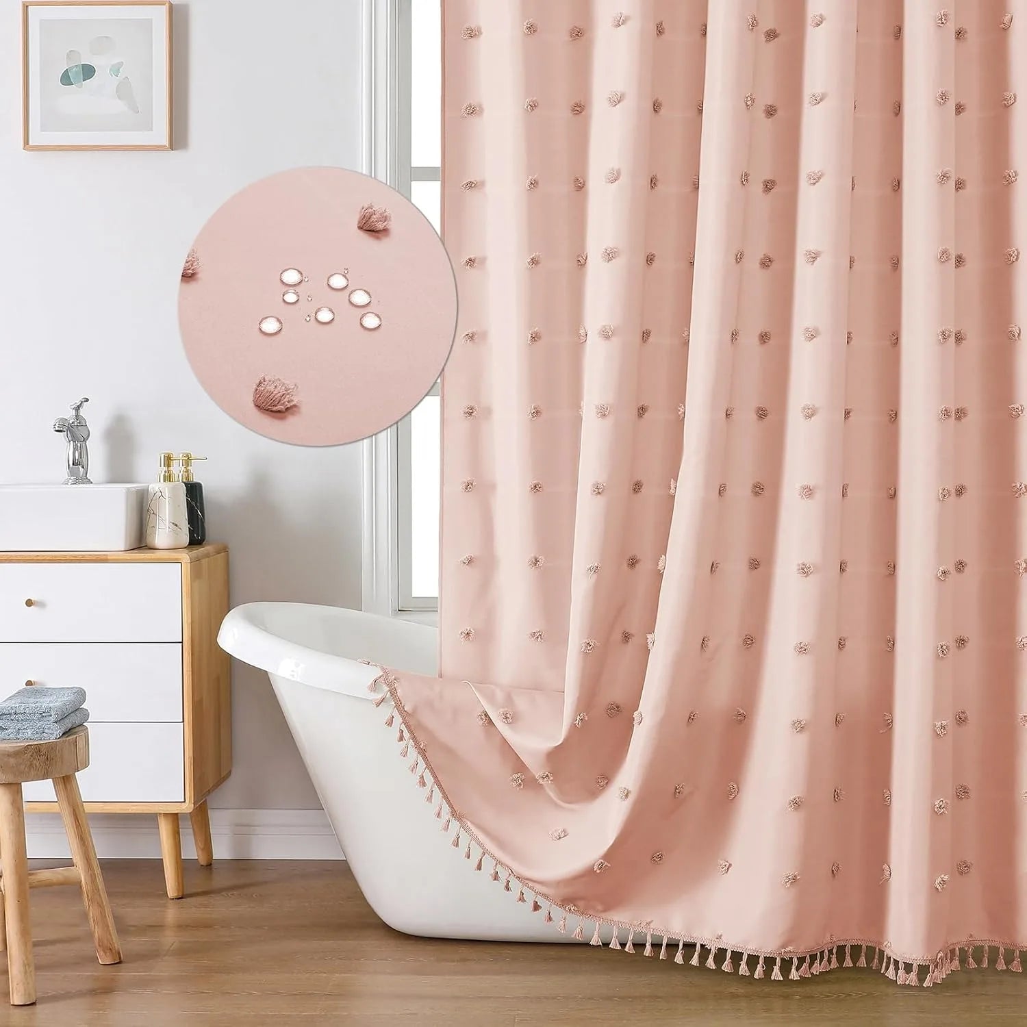 🚿🤍 Boho Polka Dot Shower Curtain – Modern Farmhouse Bathroom Décor Set