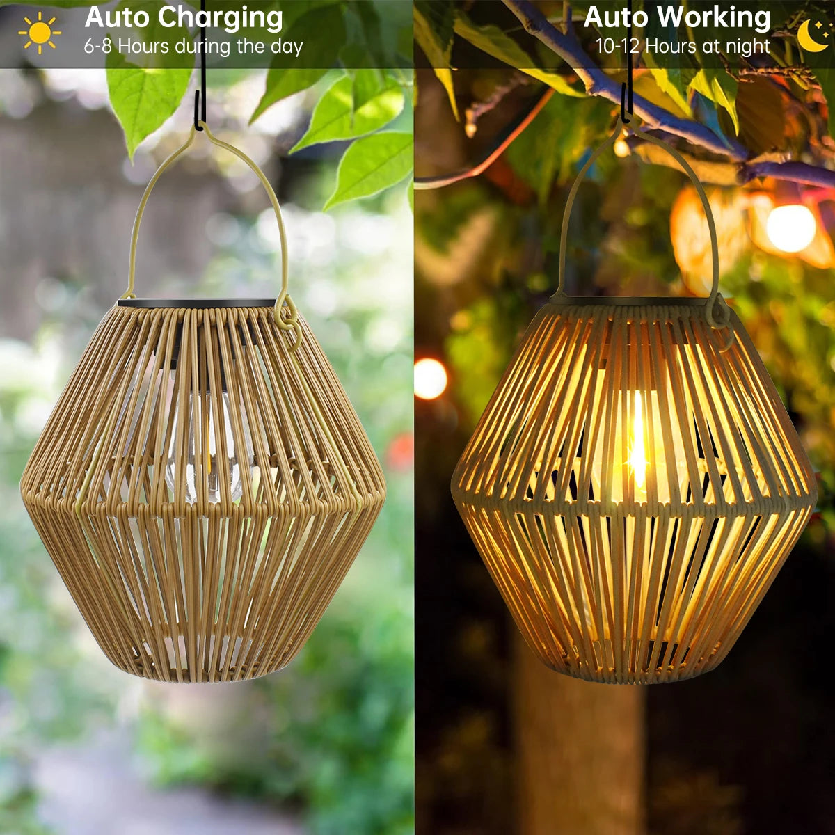 🤍 Boho Glow Solar Lantern – Waterproof Rattan Outdoor Hanging Light