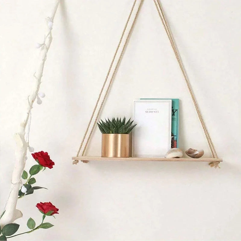 🌿 Boho Hanging Rope Shelf – Floating Wooden Wall Shelf for Plants & Home Décor