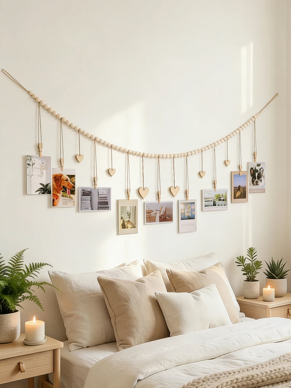 📸🤍🌿 Boho Wooden Bead Photo Garland – Heart Clip Wall Hanging Picture Display