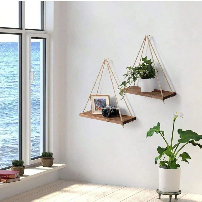 🌿 Boho Hanging Rope Shelf – Floating Wooden Wall Shelf for Plants & Home Décor