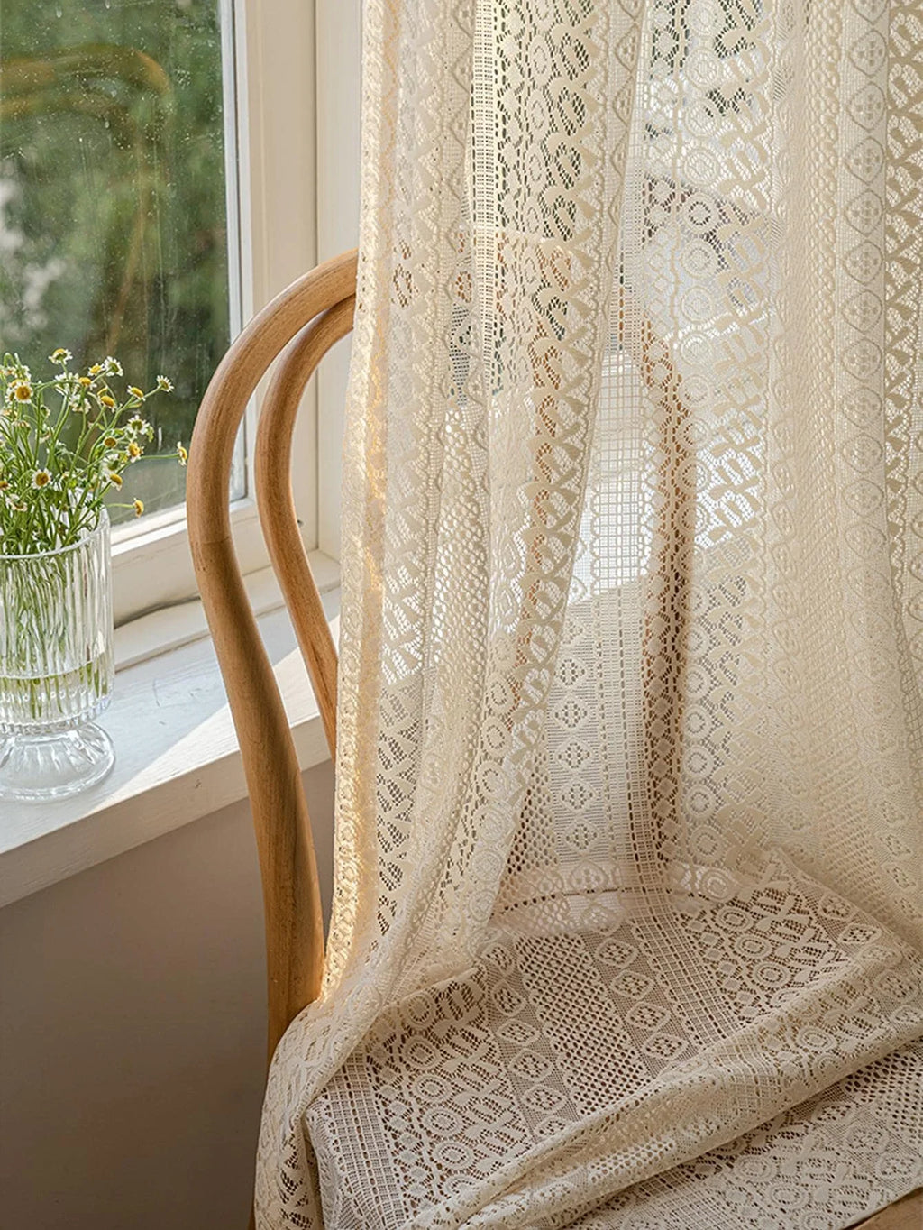 🌿🤍 Boho Geometric Sheer Curtains – Vintage Beige Voile Window Panels