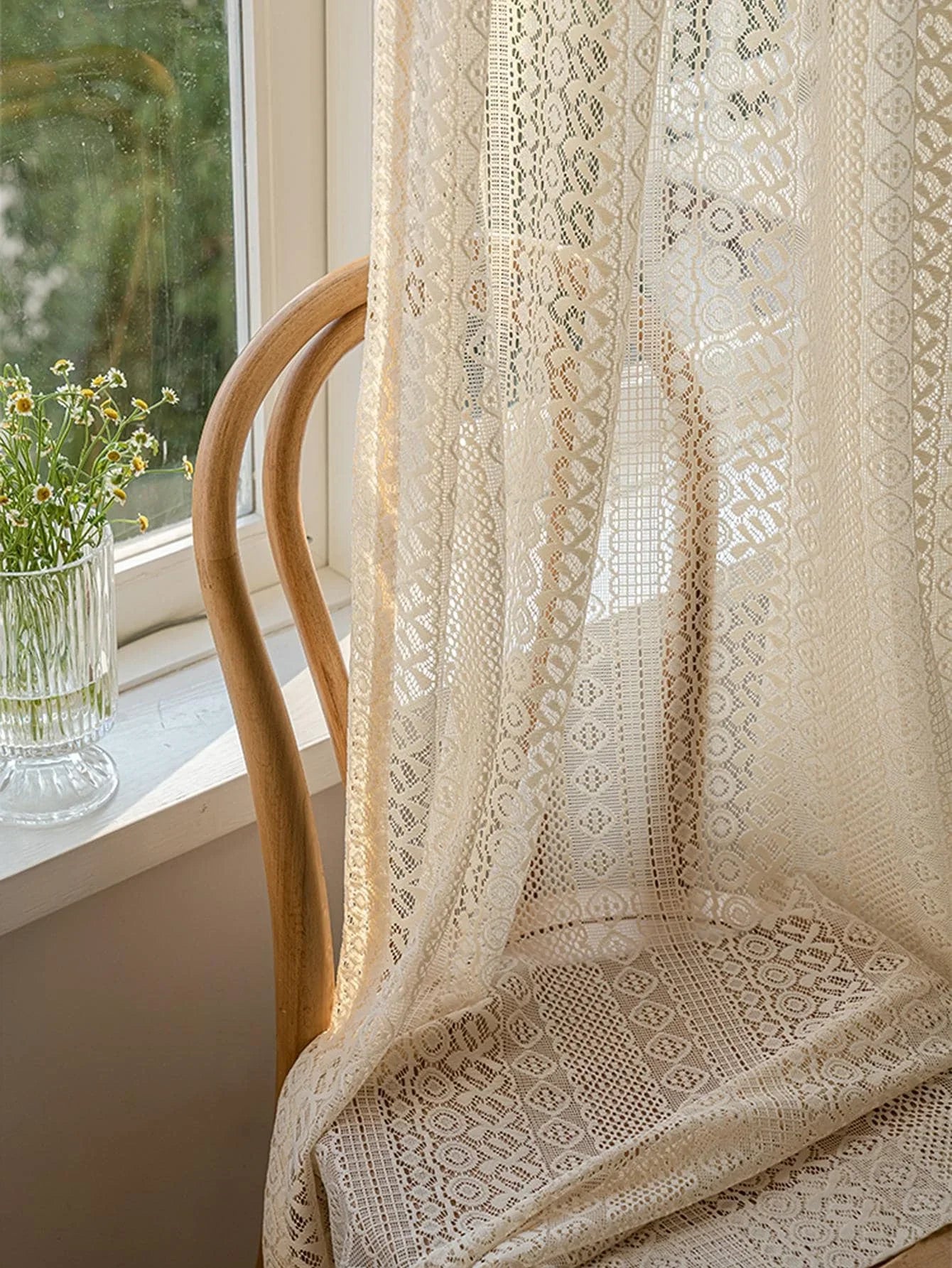 🌿🤍 Boho Geometric Sheer Curtains – Vintage Beige Voile Window Panels