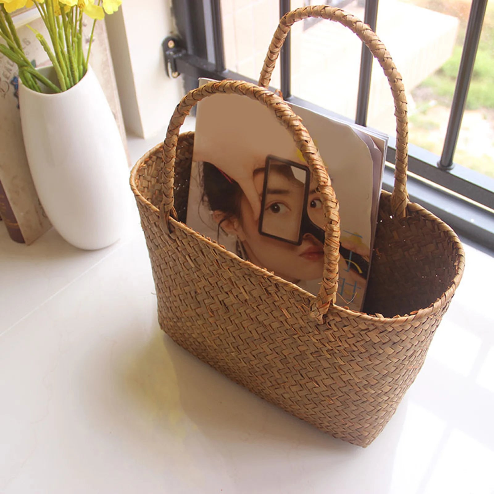 🌿🧺🤍 Boho Handwoven Seagrass Basket – Natural Flower Basket & Beach Tote