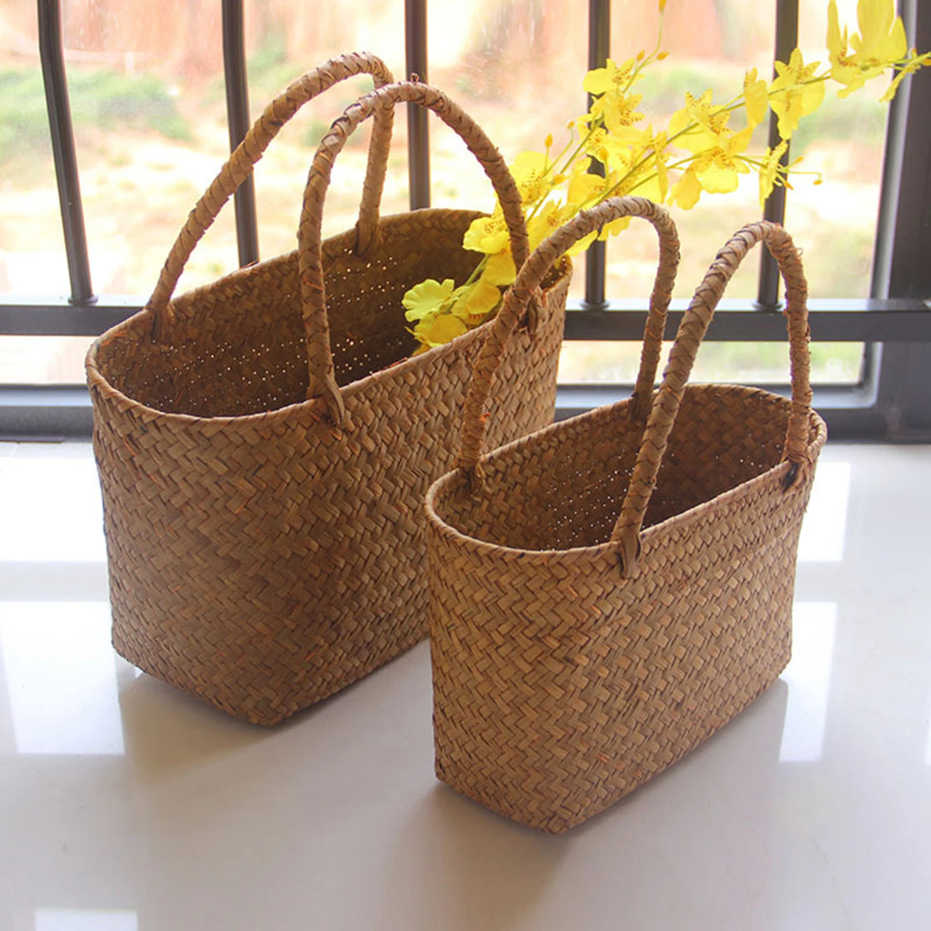🌿🧺🤍 Boho Handwoven Seagrass Basket – Natural Flower Basket & Beach Tote