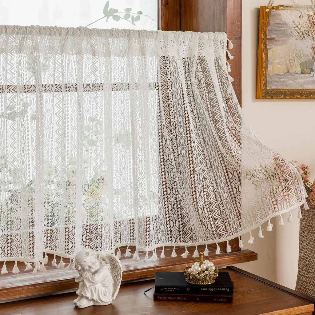 🌿🤍 Boho Lace Café Curtain – Tassel Short Window Curtain with Circular Pattern