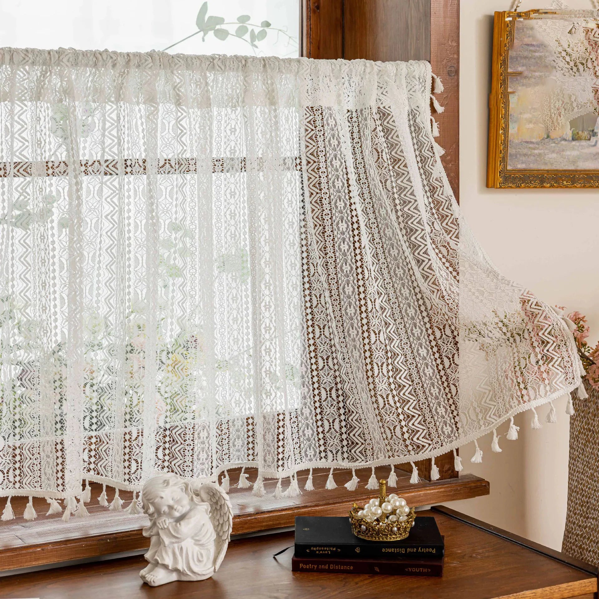 🌿🤍 Boho Lace Café Curtain – Tassel Short Window Curtain with Circular Pattern