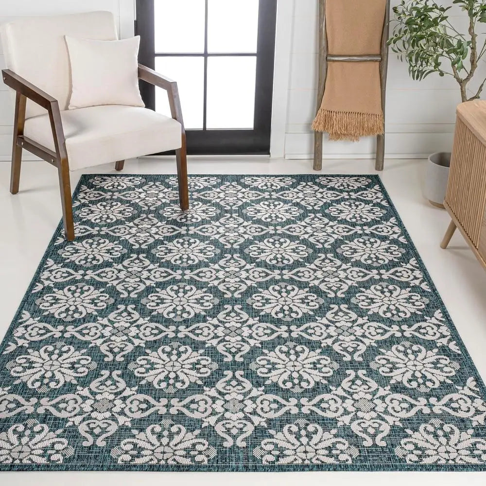 💙🌿 Mediterranean Tile Indoor/Outdoor Area Rug – Turquoise & Cream Patio Carpet