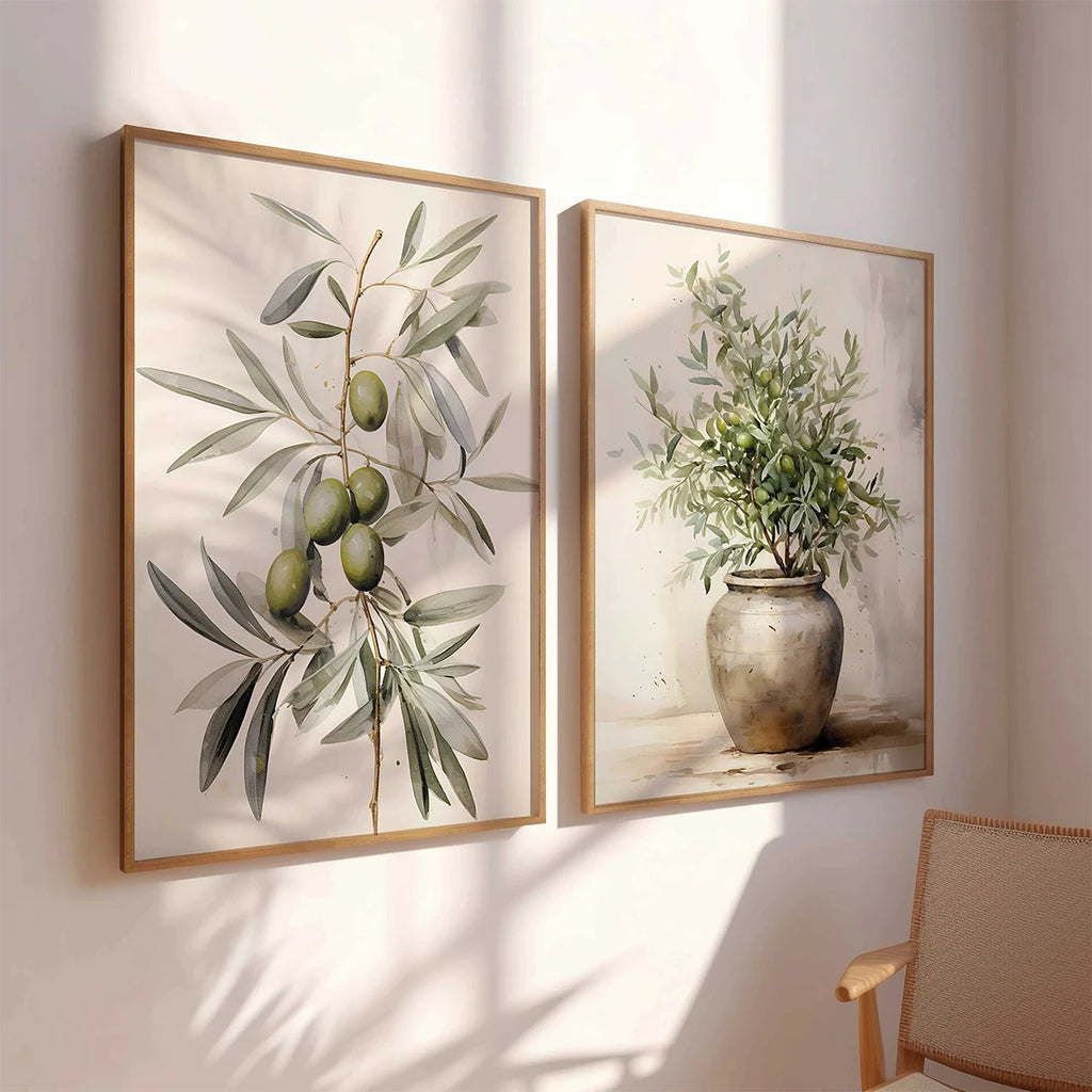 🌿🫒🤍 Boho Olive Branch Canvas Wall Art – Vintage Botanical Print Set (Set of 2)