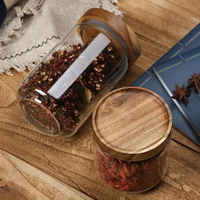🌿 Airtight Glass Pantry Canister with Wooden Lid – Kitchen Storage Jar