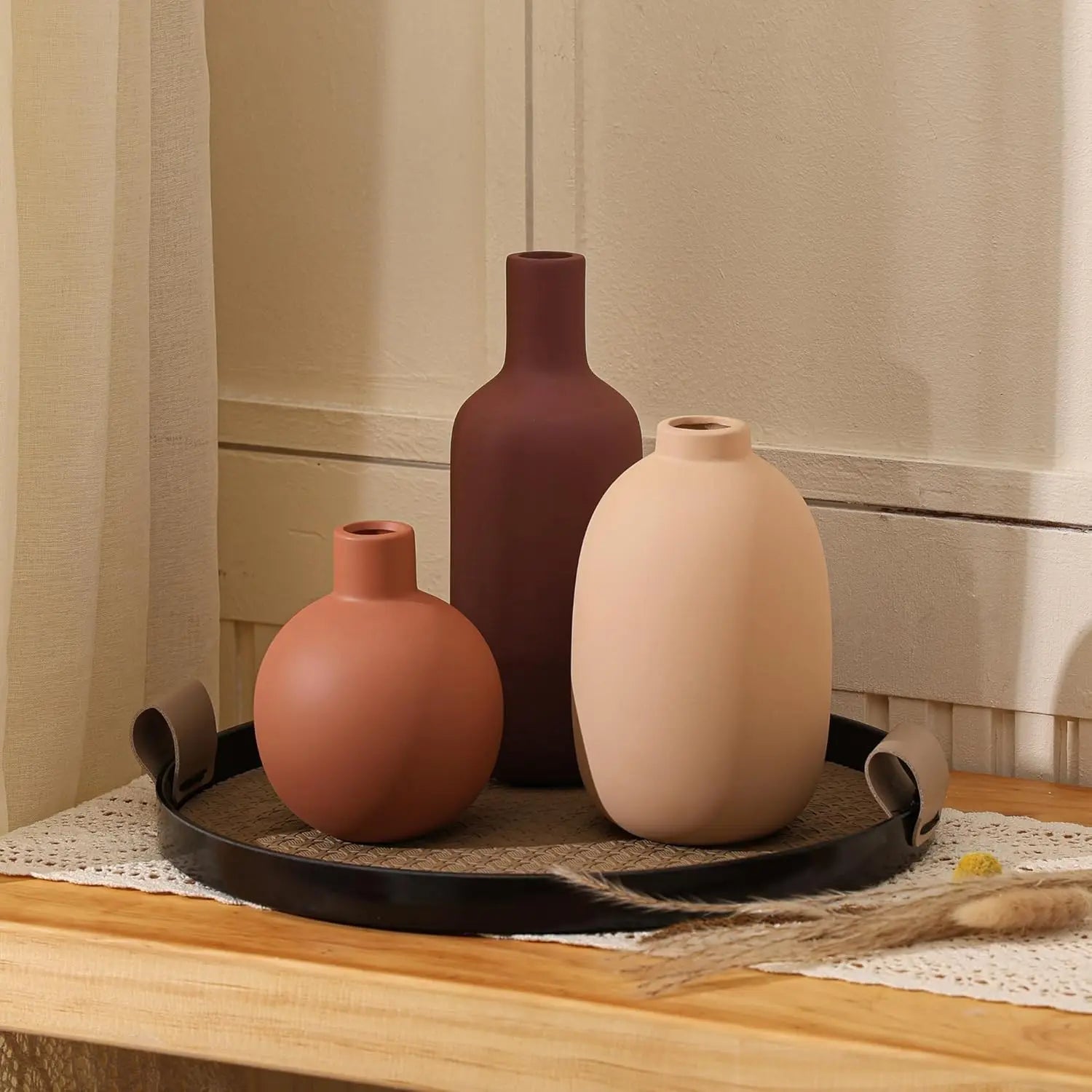 Boho Terracotta Vase Set – 3-Piece Ceramic Decorative Vases for Modern Farmhouse Home Décor