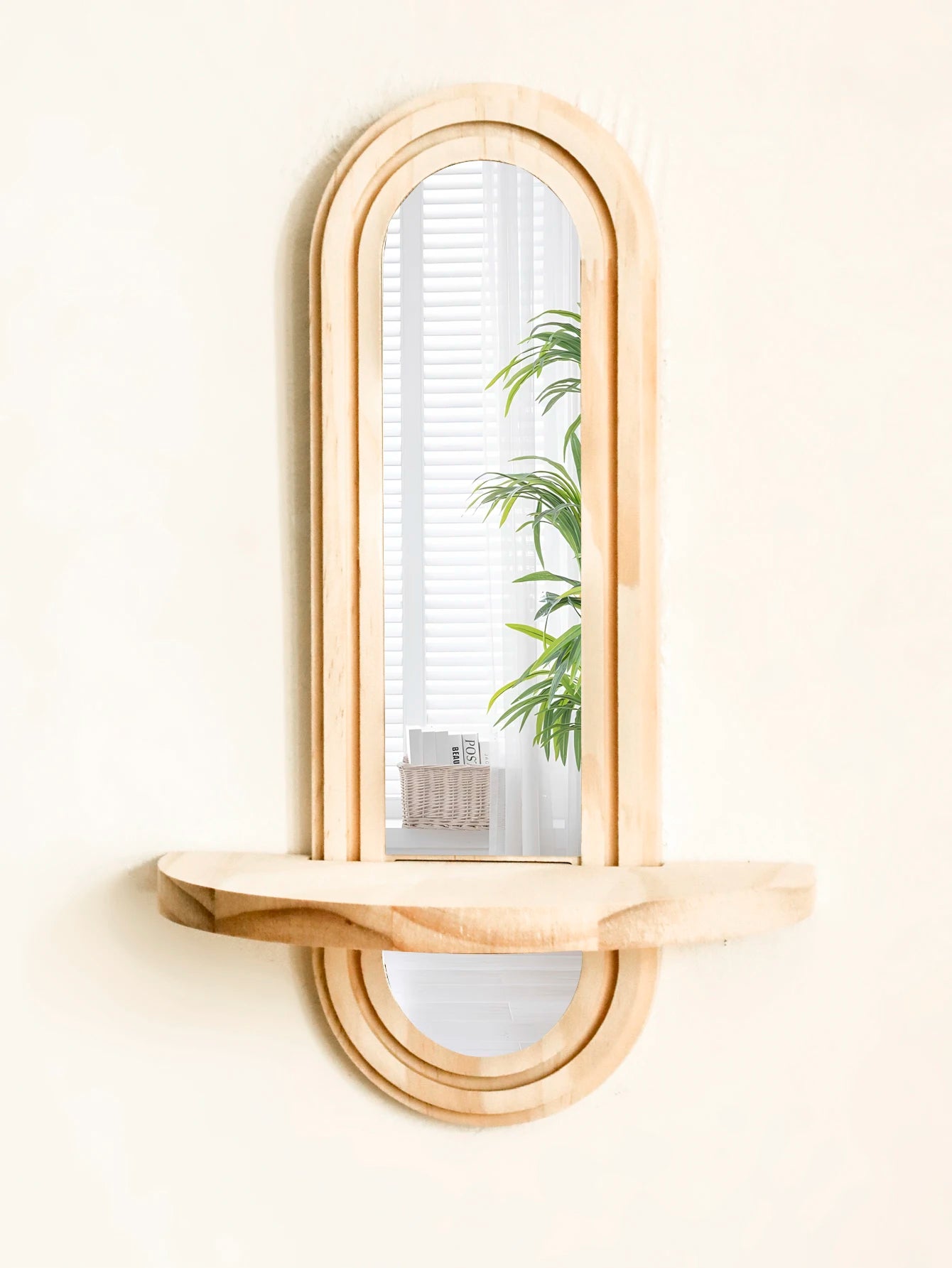 🌿🪞🤍 Boho Wooden Wall Shelf with Mirror – Natural Wood Floating Display Shelf