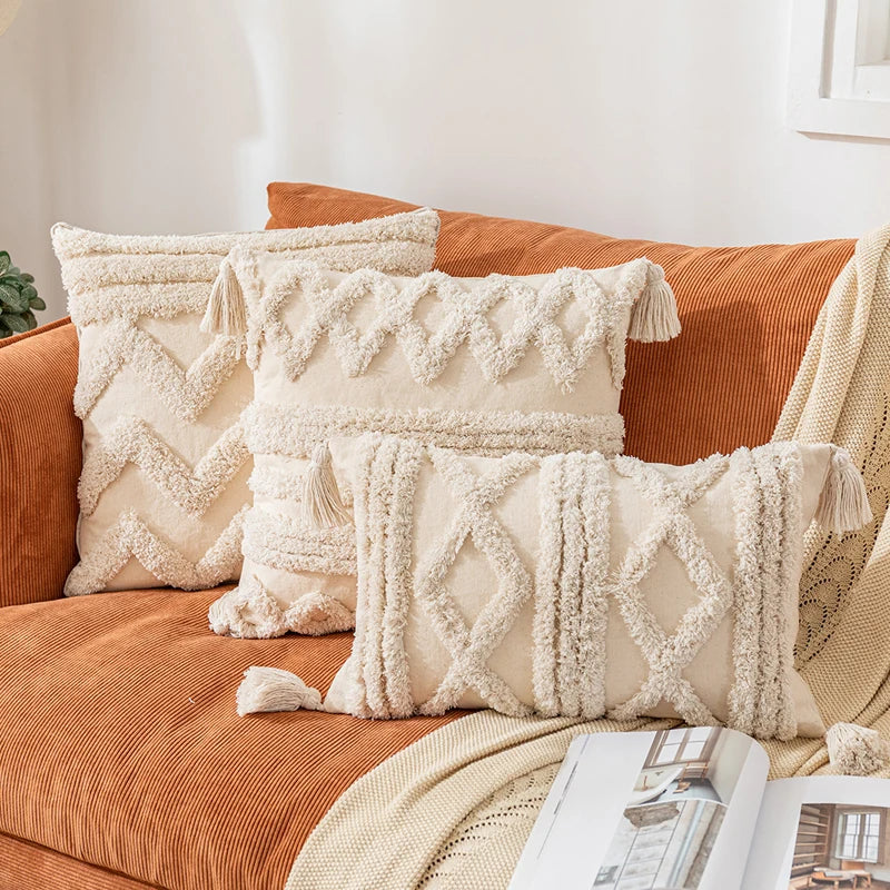 🌿🤍 Boho Cotton Tassel Pillow Cover – Natural Decorative Throw Cushion