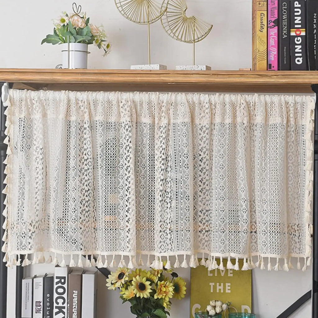 🌿🤍 Boho Lace Café Curtain – Tassel Short Window Curtain with Circular Pattern