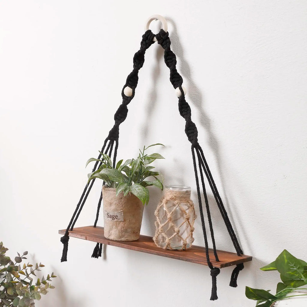 🌿🧺 Boho Macramé Floating Wall Shelf – Handwoven Wooden Hanging Display Shelf