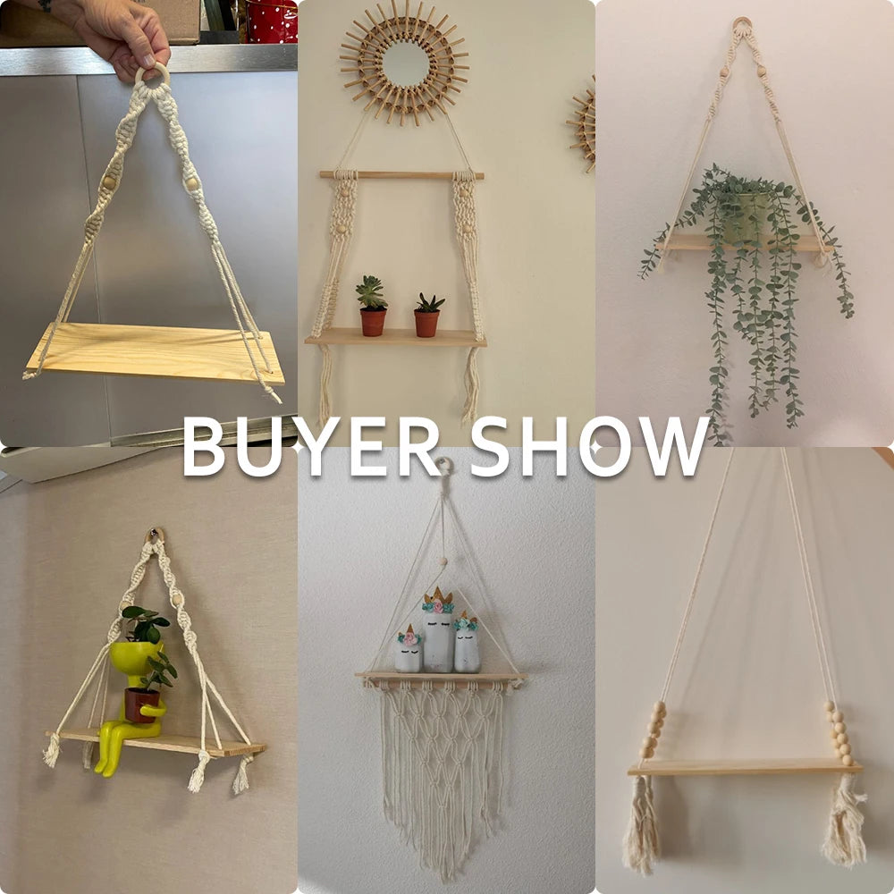 🌿🧺 Boho Macramé Floating Wall Shelf – Handwoven Wooden Hanging Display Shelf
