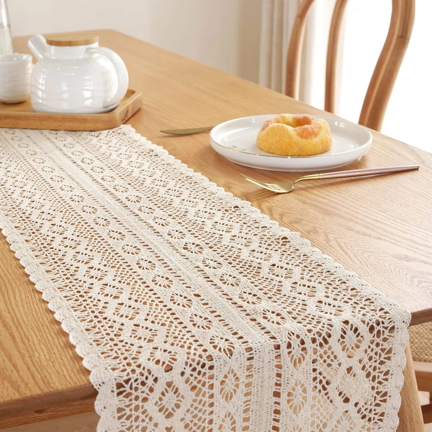 🌿🤍 Boho Cotton Lace Table Runner – Vintage Farmhouse Dining Table Linen