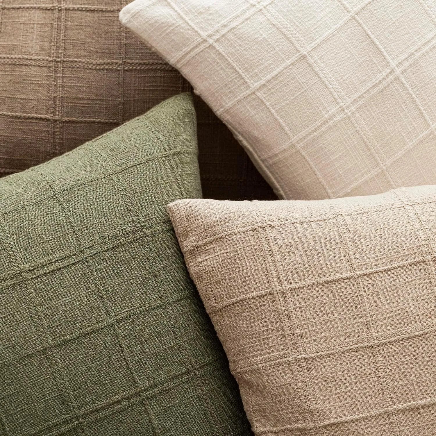 🌿🤍 Natural Linen Check Pillow Cover – Boho Farmhouse Decorative Cushion