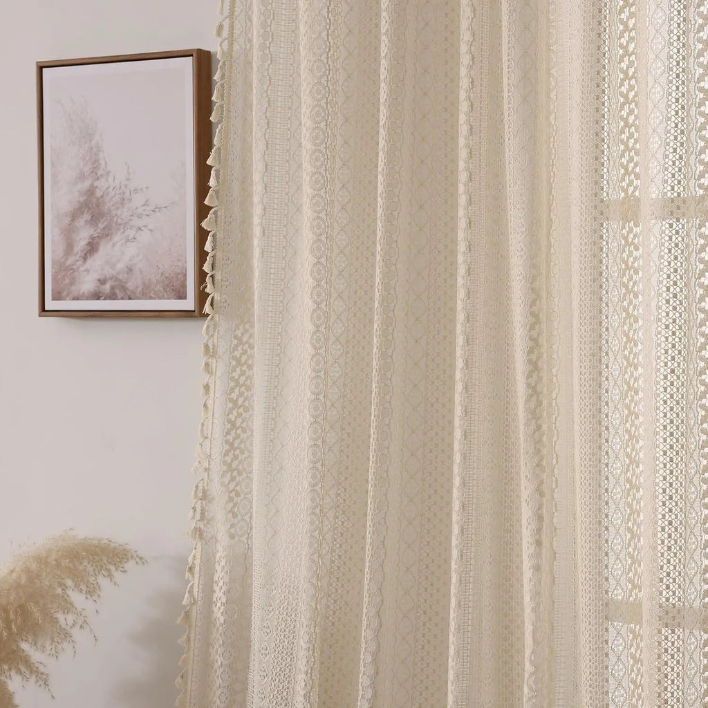 🌿🤍 Boho Tassel Sheer Curtains – Vintage Geometric Voile Window Panels