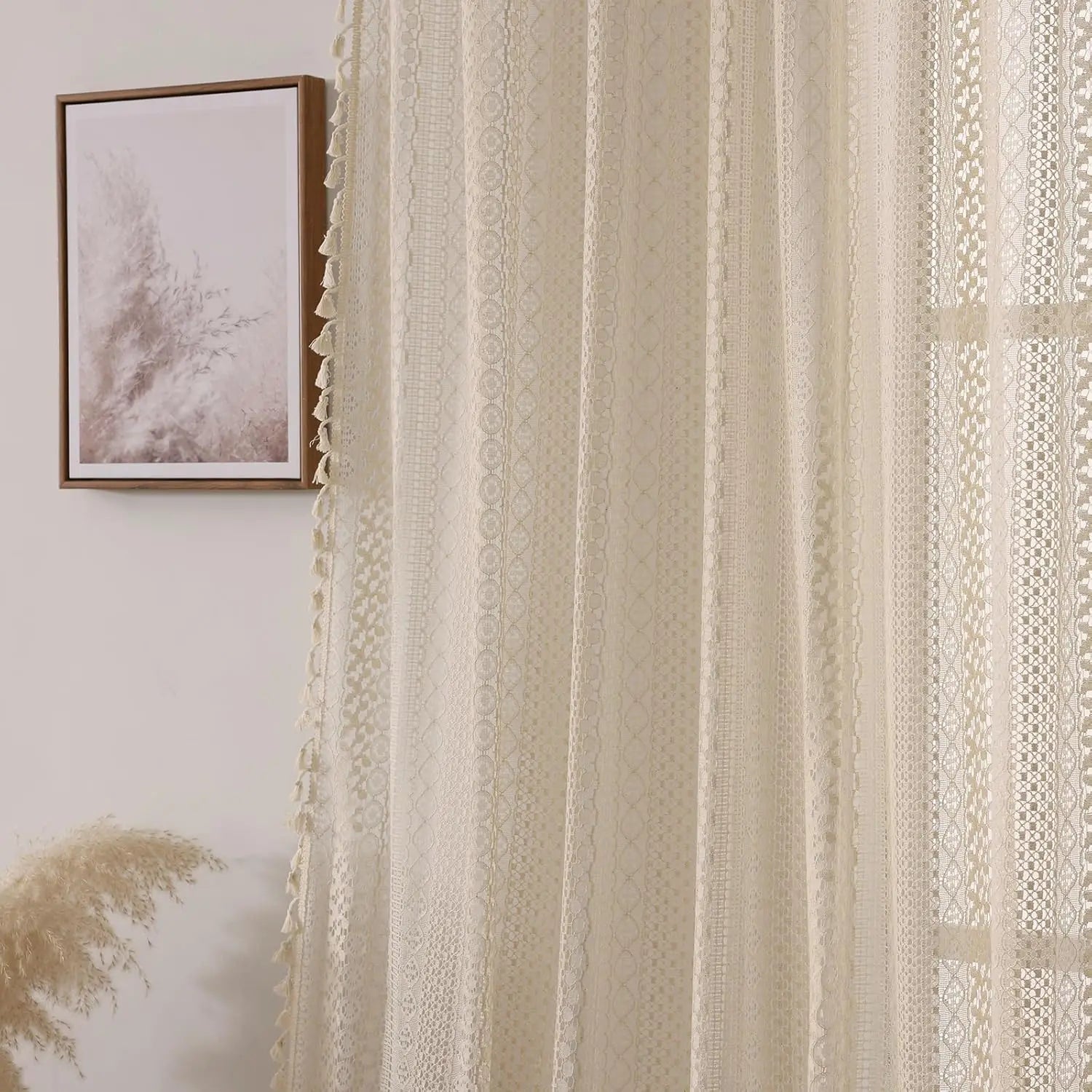 🌿🤍 Boho Tassel Sheer Curtains – Vintage Geometric Voile Window Panels