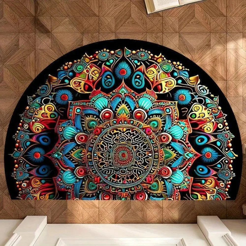 🌸🤍 Boho Half-Moon Doormat – Washable Non-Slip Entryway Rug