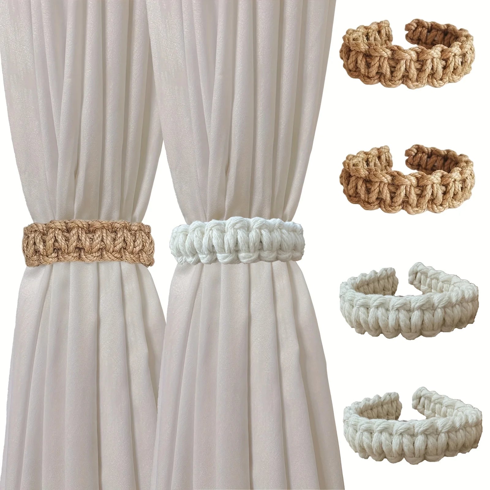 🌿🤍 Boho Rope Curtain Tiebacks – Handwoven Linen Curtain Holdbacks (Set of 8)