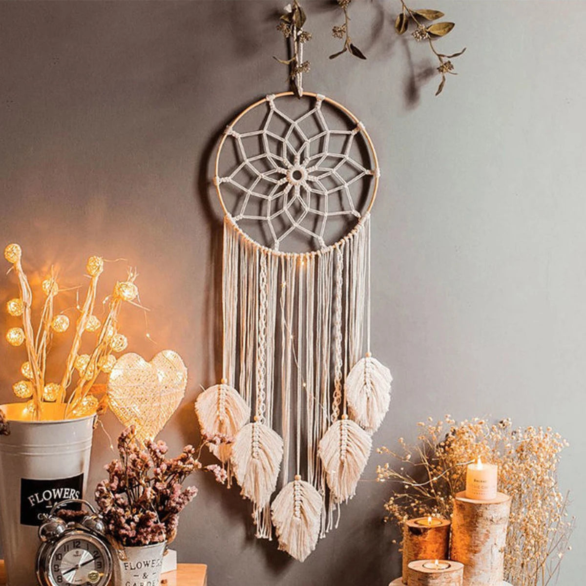 🌿🍃🤍 Boho Macramé Dream Catcher – Handwoven Leaf Wall Hanging