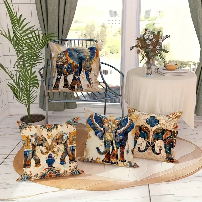 🐘🌿 Boho Elephant Pillow Cover Set – Floral Decorative Throw Cushions (Set of 4)