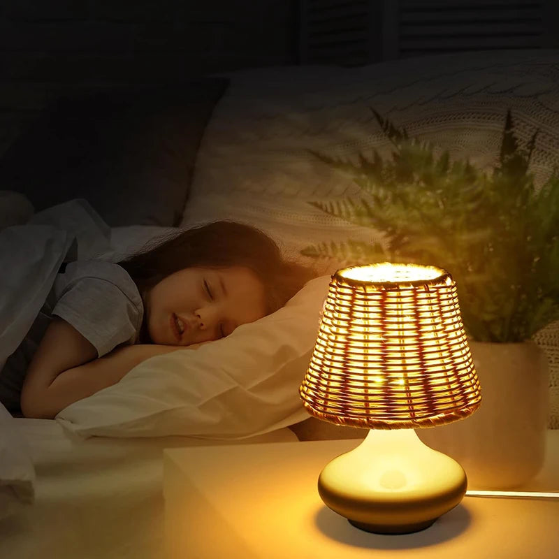 🌿✨ Boho Bamboo Table Lamp – Handwoven USB Dimmable Bedside Light
