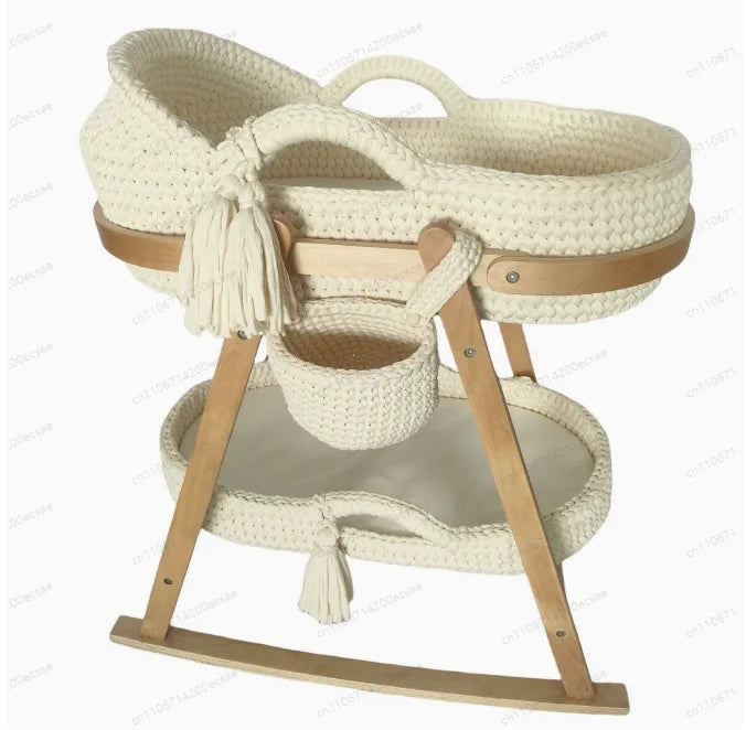 🤍🌿 Handwoven Crochet Moses Basket – Boho Baby Bassinet with Wooden Stand