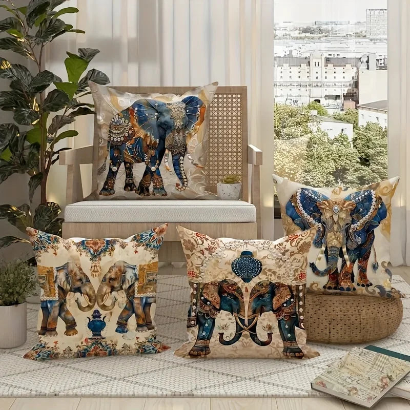 🐘🌿 Boho Elephant Pillow Cover Set – Floral Decorative Throw Cushions (Set of 4)