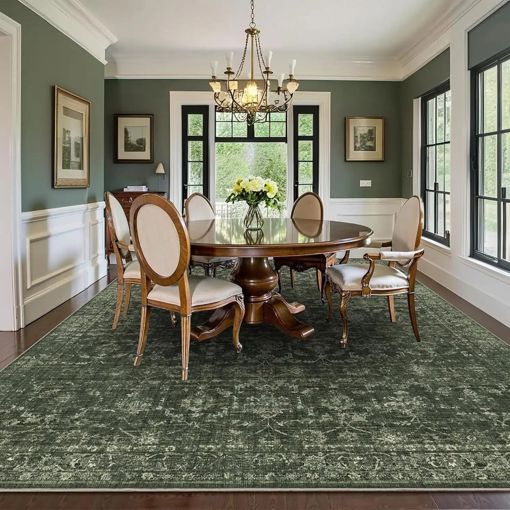 💚🌿 Vintage Floral Area Rug – Washable Green Boho Accent Carpet