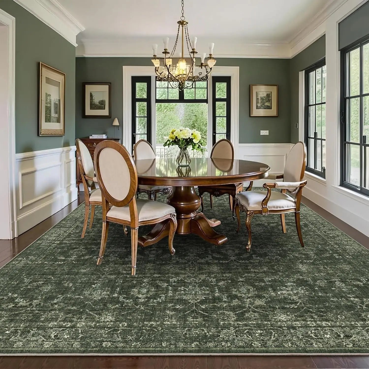 💚🌿 Vintage Floral Area Rug – Washable Green Boho Accent Carpet