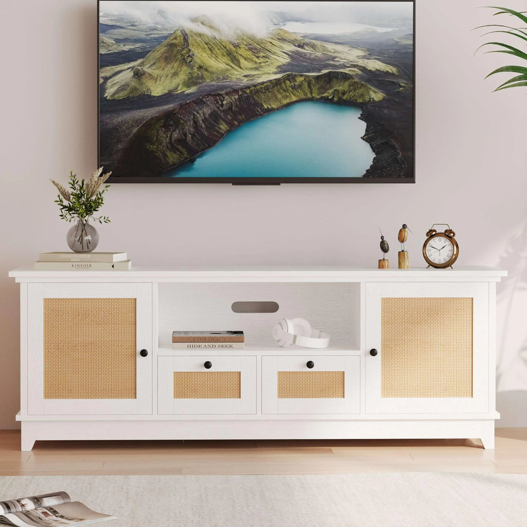 🌿🤍 Boho Rattan TV Stand – Entertainment Console with Storage for 65–75" TVs