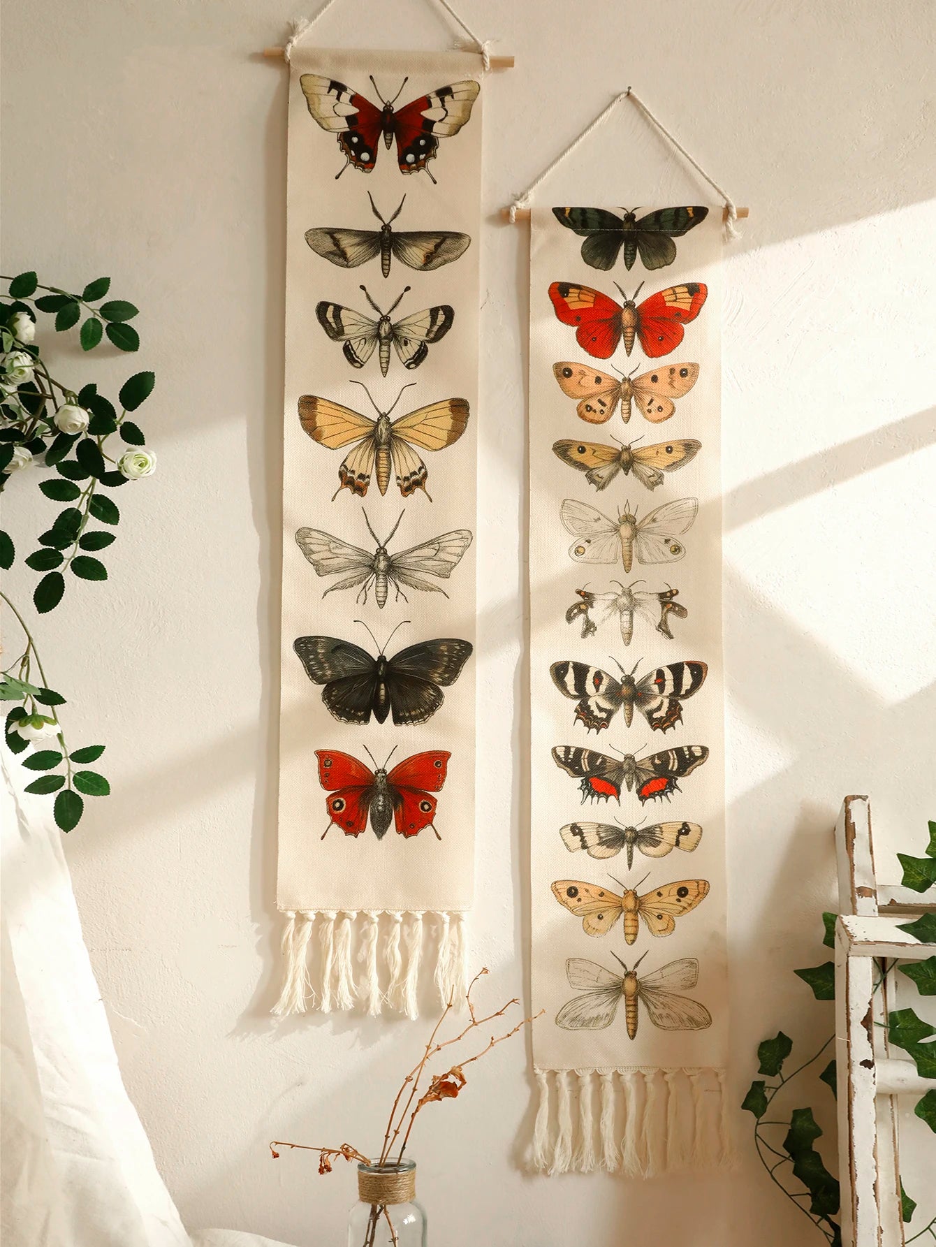 🦋🌿🤍 Boho Butterfly & Moth Wall Tapestry – Vintage Cotton Hanging Banner