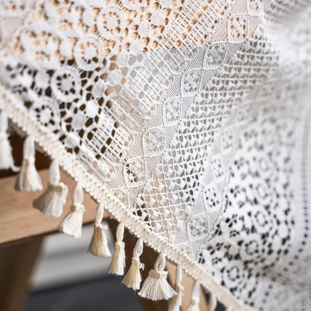 🌿🤍 Boho Lace Café Curtain – Tassel Short Window Curtain with Circular Pattern