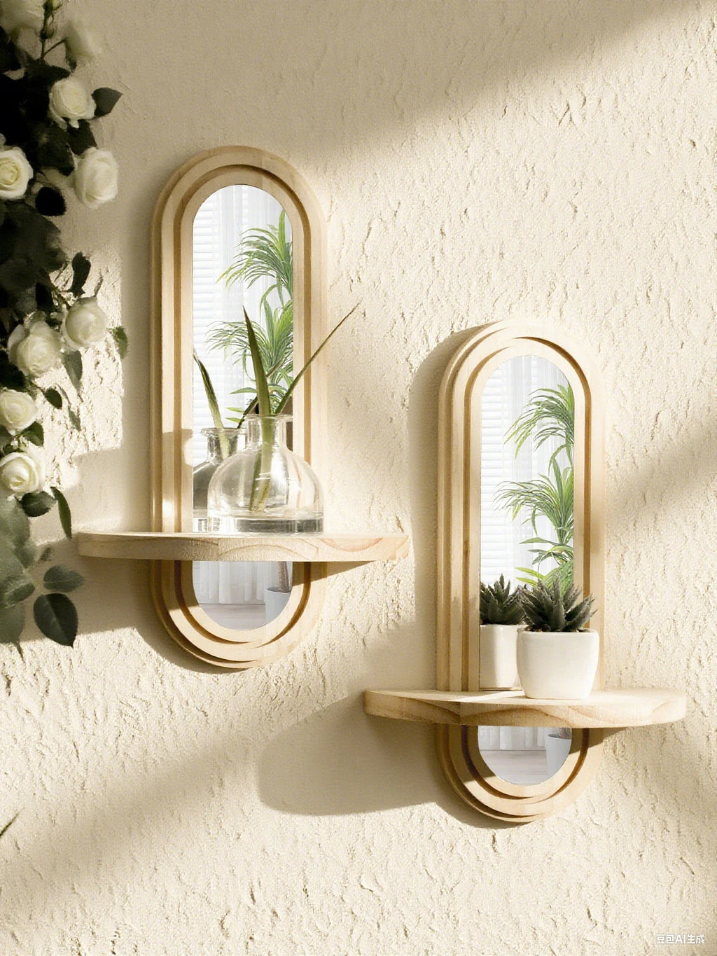 🌿🪞🤍 Boho Wooden Wall Shelf with Mirror – Natural Wood Floating Display Shelf