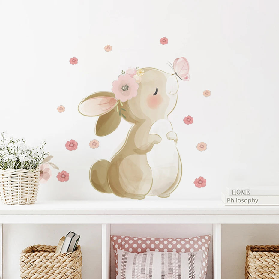 🐰🦋🌸🤍 Boho Bunny Garden Wall Decals – Peel & Stick Nursery Wall Art