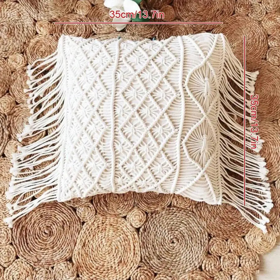 🌿🤍 Handwoven Macramé Tassel Pillow Cover – Boho Decorative Cushion