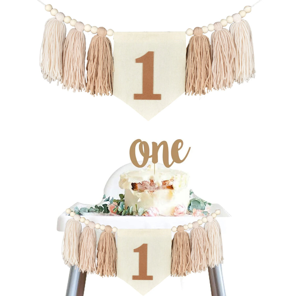 🎉🤍🌿 Boho First Birthday High Chair Banner – Wooden Bead & Tassel Garland