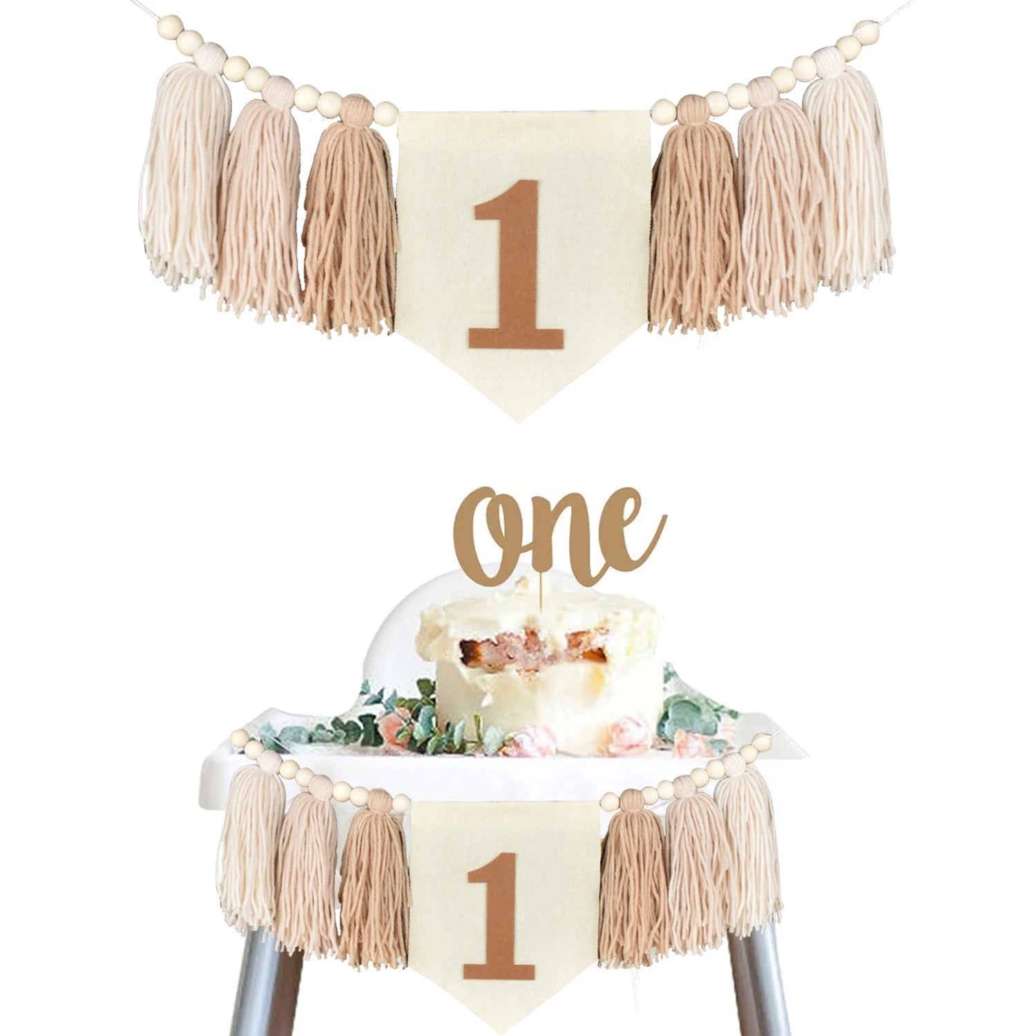 🎉🤍🌿 Boho First Birthday High Chair Banner – Wooden Bead & Tassel Garland