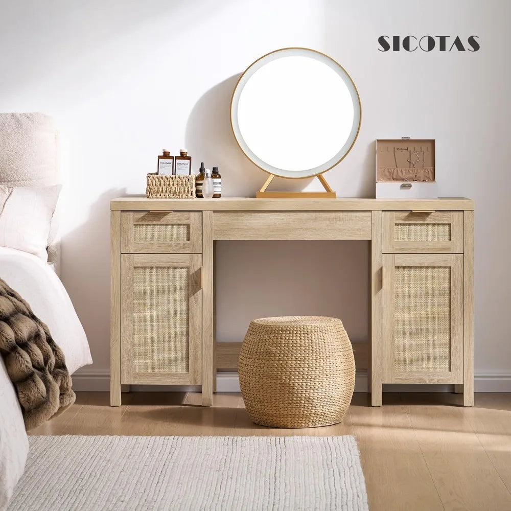🤍✨ Boho Rattan Makeup Vanity Desk – Farmhouse Dressing Table with Storage