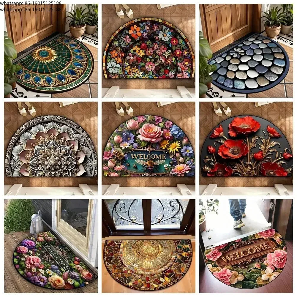 🌸🤍 Boho Half-Moon Doormat – Washable Non-Slip Entryway Rug