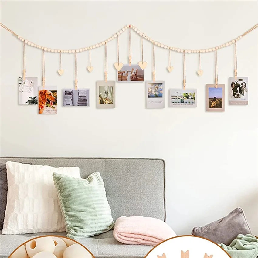 📸🌿🤍 Boho Wooden Bead Photo Garland – Hanging Wall Display with Photo Clips