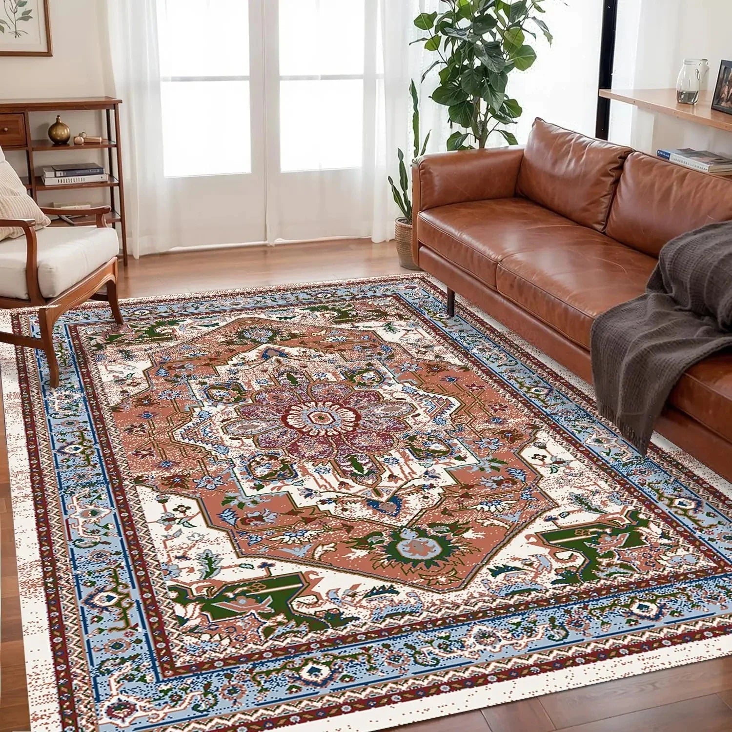 🌿🤍 Boho Non-Slip Area Rug – Soft Easy-Care Living Room & Bedroom Carpet